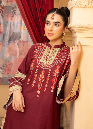 Women wearing maroon dress for women, back view of the embroidered bana dora shirt and bottom, Buraqstore