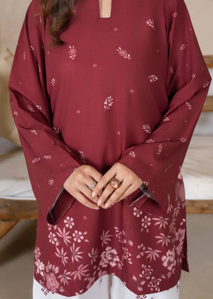 Model wearing maroon co ord set for women, side view showing the fit of the printed grip set, Buraqstore