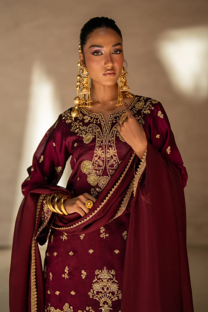 Model wearing maroon sheesha silk suit with matching sheesha silk trouser, side view of the 3PC at Buraqstore