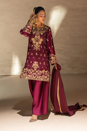 Women wearing maroon sheesha silk suit with a matching medium silk dupatta, Buraqstore 