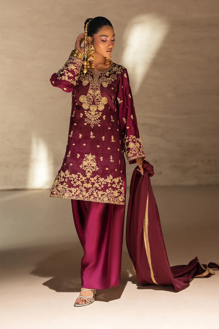 Women wearing maroon sheesha silk suit with a matching medium silk dupatta, Buraqstore 