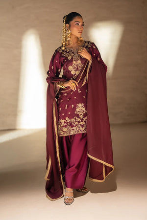 Model wearing maroon sheesha silk suit as a festive outfit, shop handcrafted 3PC silk set online at Buraqstore