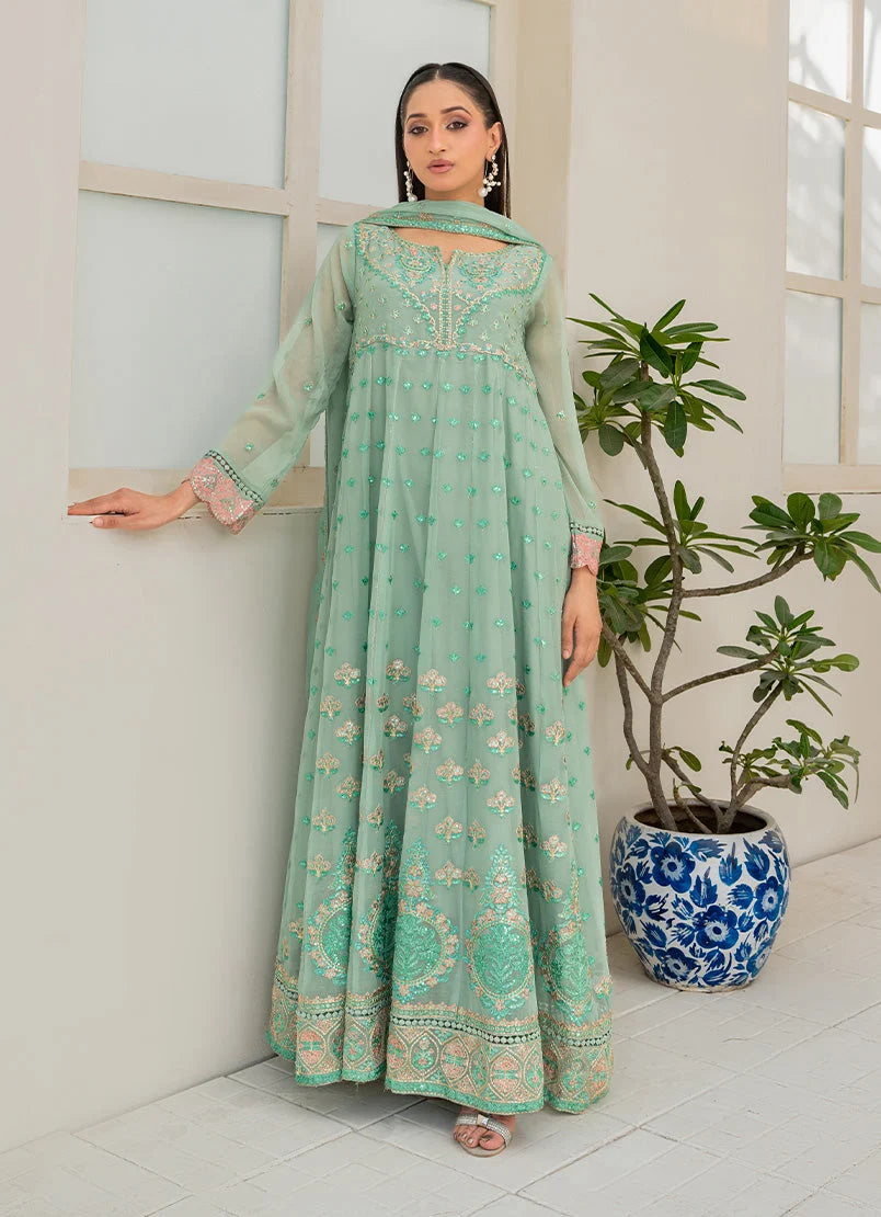 Model wearing light green color dress in mint green, embroidered chiffon shirt, trouser and dupatta, front view from Buraqstore