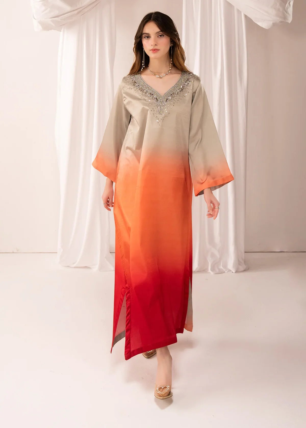 Model wearing multi color dress, a hand-embellished silk 1-piece shirt, front view from Buraqstore