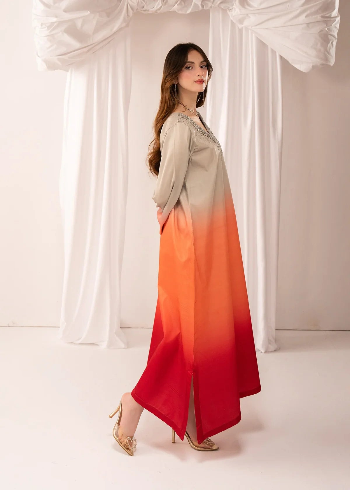 Model wearing multi color dress, side view showing the drape of the silk shirt, Buraqstore