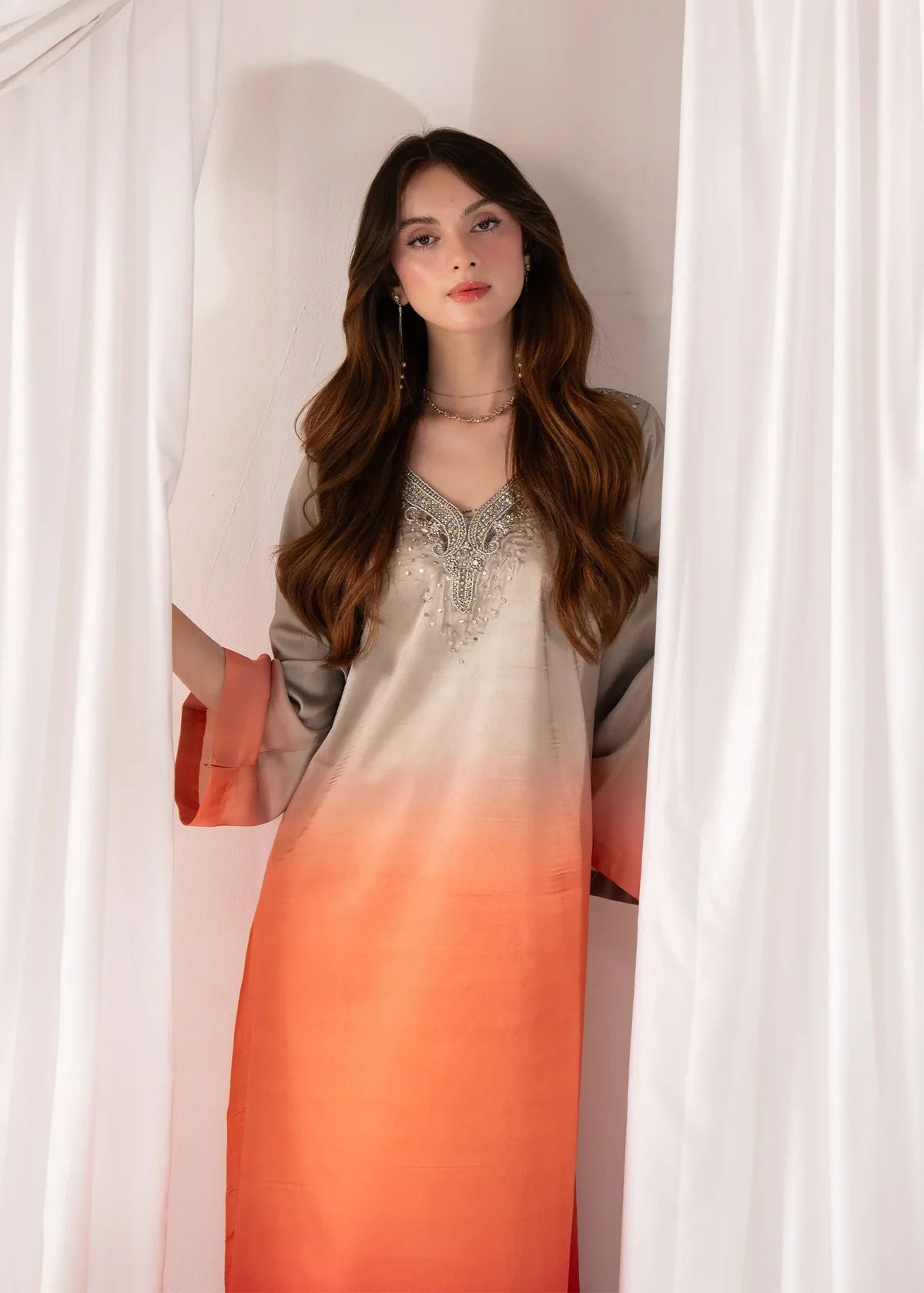 Women wearing multi color dress, back view of the embellished silk piece, Buraqstore