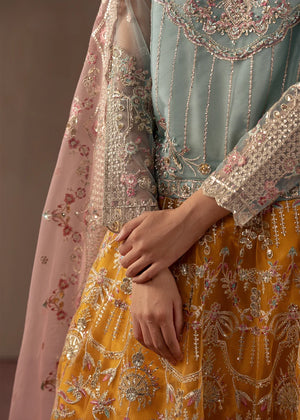 Women wearing multi color dress, net dupatta draped over the shoulder, Buraqstore