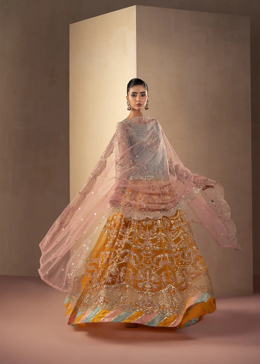 Model wearing multi color dress as a bold festive outfit, shop the embroidered sharara 3-piece set at Buraqstore