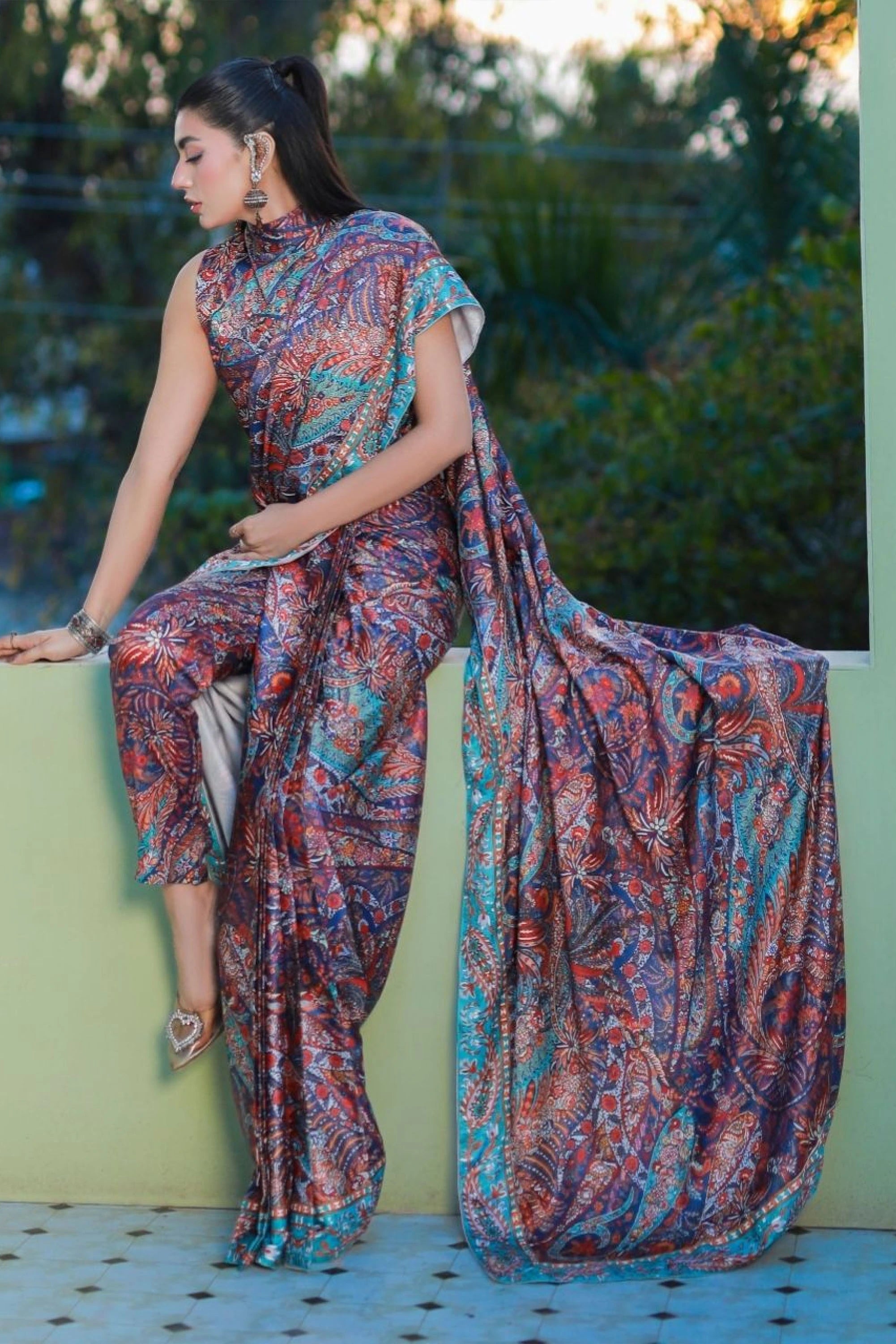 Model dressed in vibrant multicolor saree set Buraqstore elegant saree collection