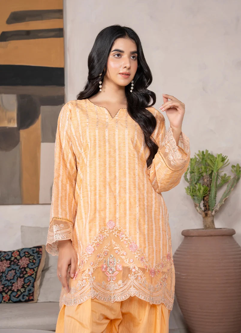 Women wearing yellow dress for women, back view of the embroidered jacquard shirt and bottom, Buraqstore