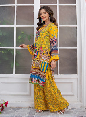 Women wearing yellow dress for women, close-up of the print on the lawn shirt, Buraqstore