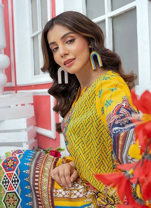 Women wearing yellow dress for women, back view of the printed lawn shirt and trouser, Buraqstore
