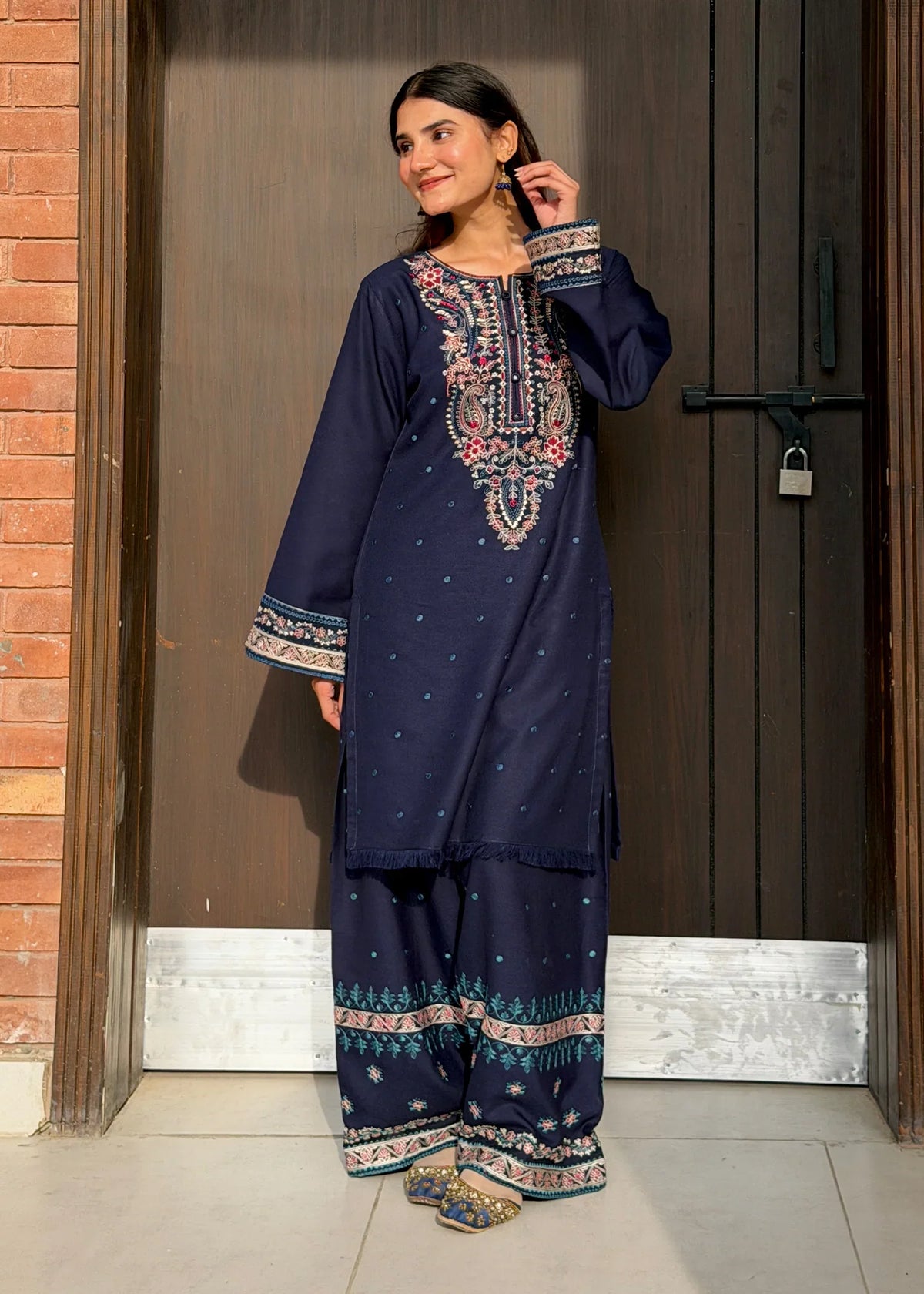 Model wearing navy blue dress pakistani, embroidered viscose 2PC set, front view from Buraqstore