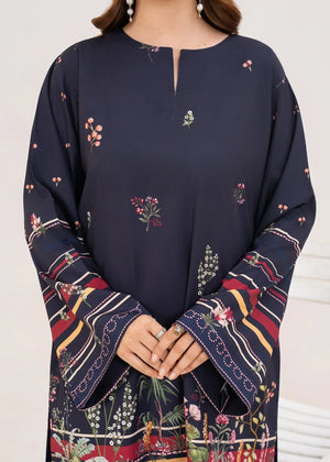 Model wearing navy blue lawn co ord set for women, close-up of the print on the poly lawn top and bottom, Buraqstore