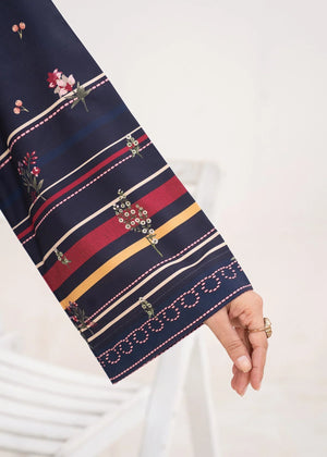 Women wearing navy blue lawn co ord set for women as a casual outfit, shop printed poly lawn 2-piece at Buraqstore