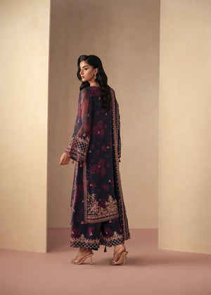 Woman wearing navy blue dress pakistani, close-up of the print and embroidery on the chiffon shirt, Buraqstore
