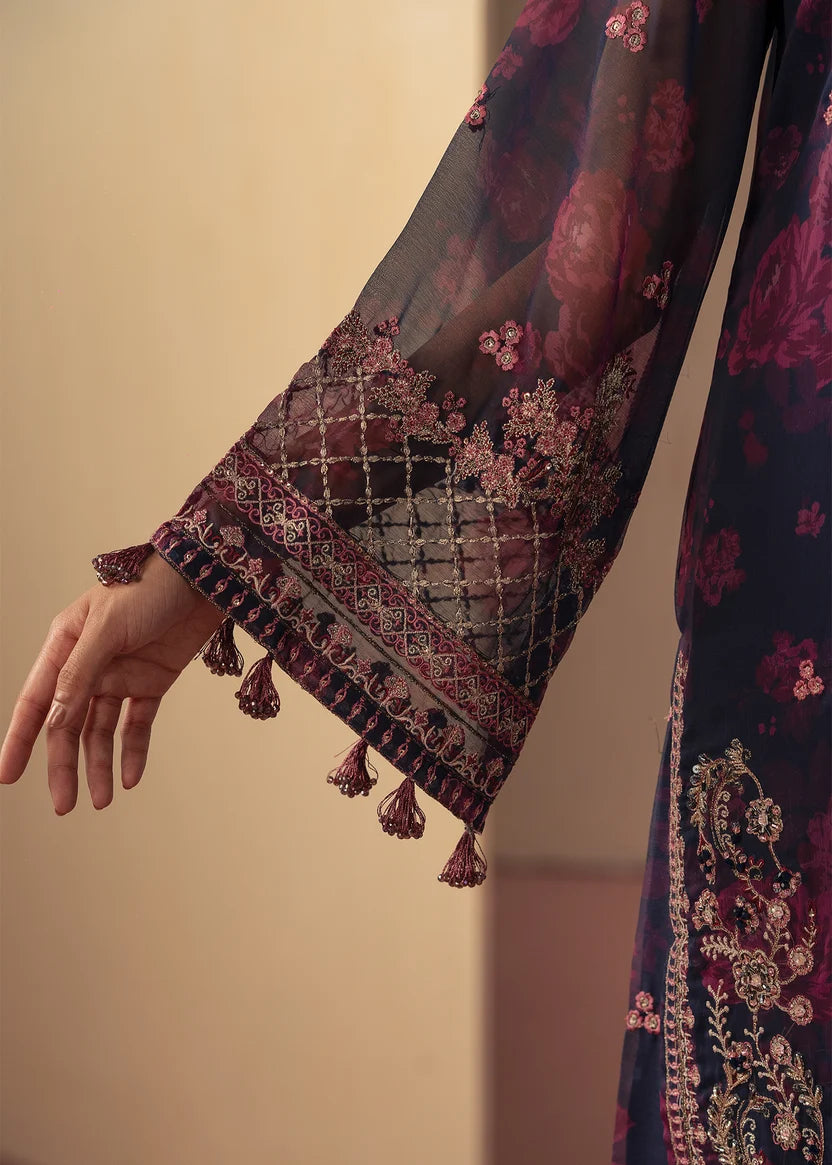 Women wearing navy blue dress pakistani, chiffon dupatta draped over the shoulder, Buraqstore