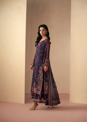 Model wearing navy blue dress pakistani as a festive outfit, shop the printed chiffon 3-piece set at Buraqstore