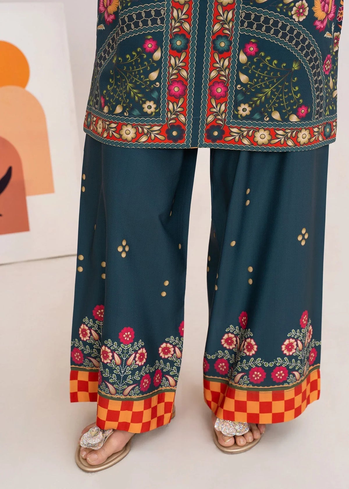 Women wearing navy blue color dress, back view of the printed grip shirt and trouser, Buraqstore
