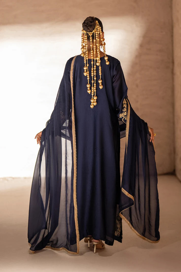 Women wearing navy blue sheesha silk dress price in pakistan set, close-up of handcrafted antique gold embroidery, Buraqstore