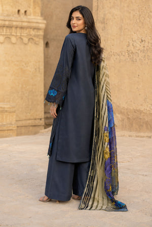 Women wearing navy blue chikankari shirt, close-up of the chikankari embroidery on the viscose shirt, Buraqstore