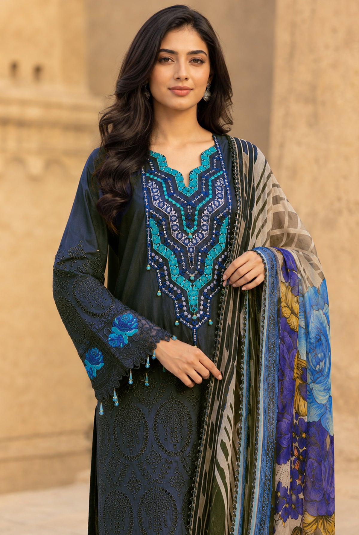 Women wearing navy blue chikankari shirt with digital printed chiffon dupatta draped on the shoulder, Buraqstore