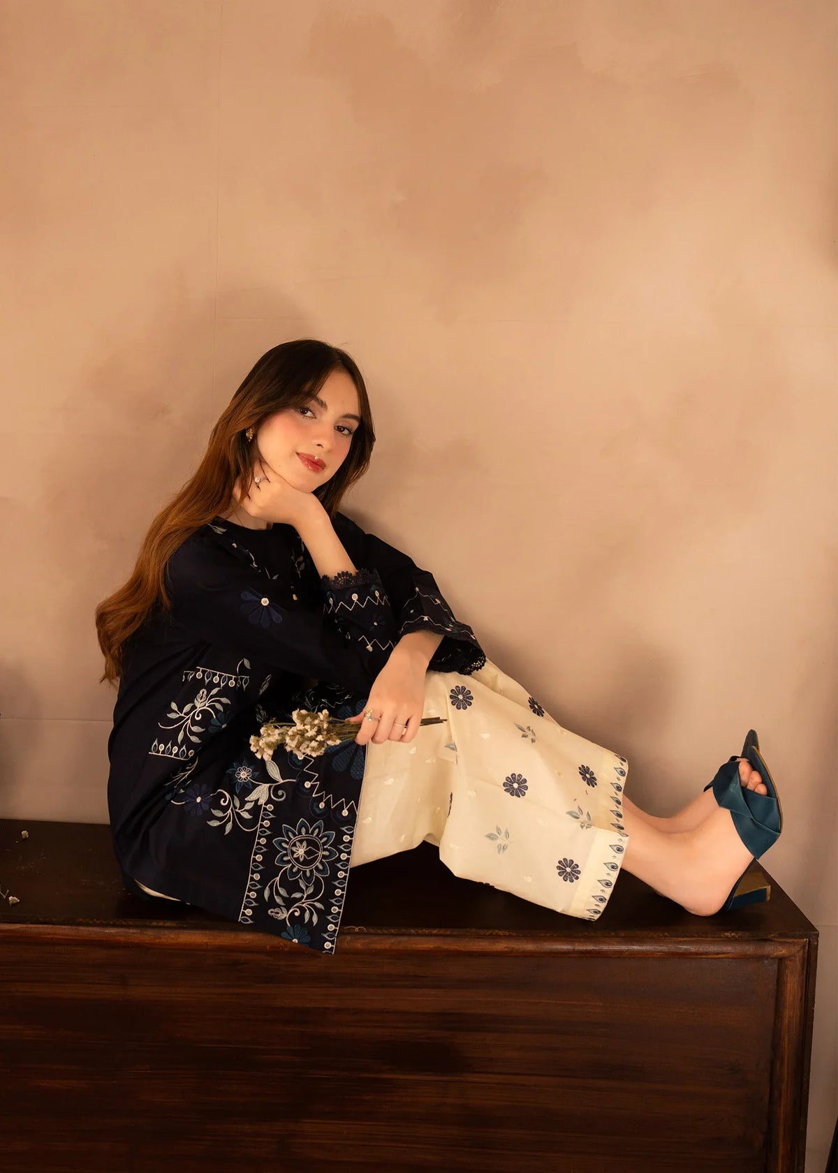 Model wearing navy blue dress pakistani as a daily outfit, shop embroidered lawn 2PC at Buraqstore