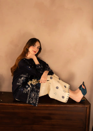 Model wearing navy blue dress pakistani as a daily outfit, shop embroidered lawn 2PC at Buraqstore