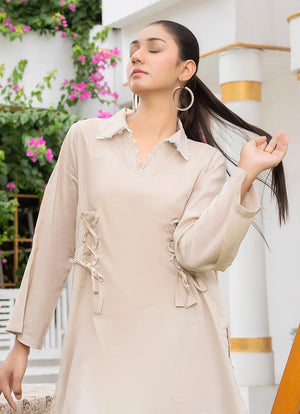 Women wearing co ord set pakistan, back view of the cotton top with dori and lace trim, Buraqstore