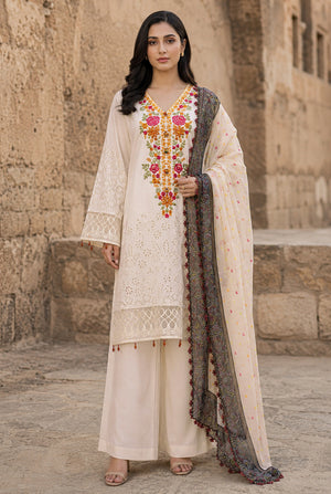 Model wearing off-white chikankari suit sale with price set, stitched 3PC with embroidered viscose chikankari shirt, front view from Buraqstore