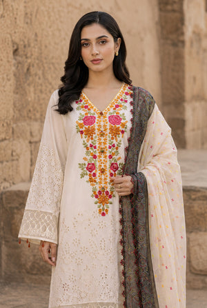 Women wearing off-white chikankari suit sale with price set with digital printed chiffon dupatta draped on the shoulder, Buraqstore