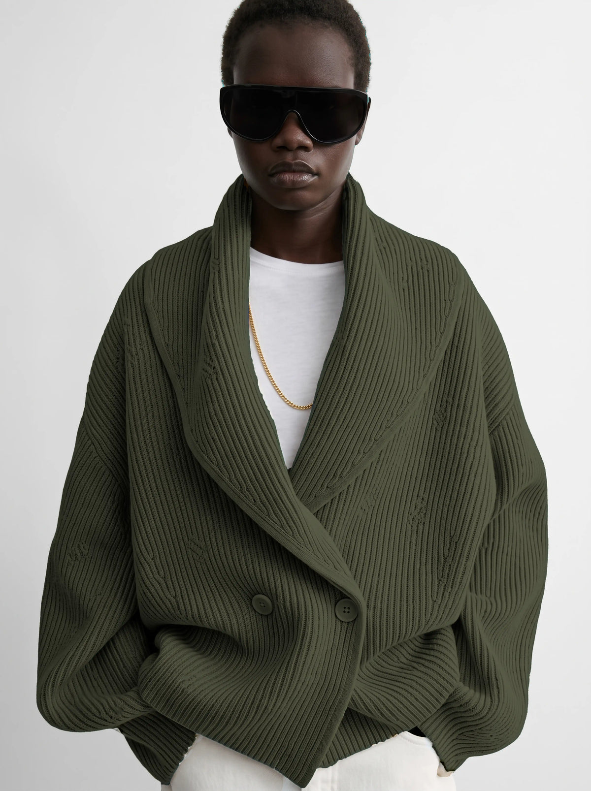 Women wearing cardigan jacket, close-up of the ribbed knit texture and shawl collar, Buraqstore