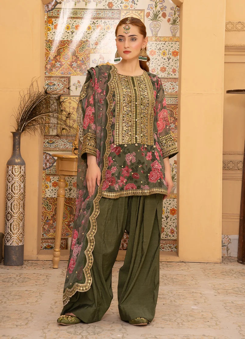Model wearing green dress design in olive green, embroidered and printed silk shirt, trouser and dupatta, front view from Buraqstore