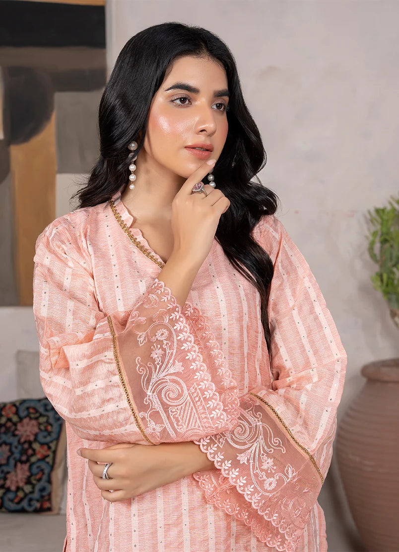 Women wearing peach color dress, back view of the embroidered jacquard shirt and bottom, Buraqstore