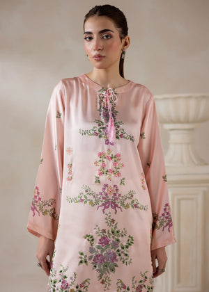 Women wearing silk co ord set for women, close-up of the print and hand embellishments on the charmeuse silk, Buraqstore