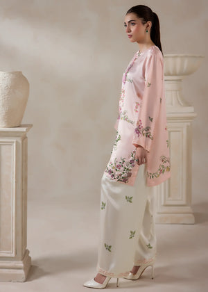 Model wearing silk co ord set for women, side view showing the fall of the charmeuse silk top and bottom, Buraqstore
