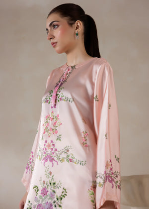 Women wearing silk co ord set for women, back view of the printed charmeuse silk top, Buraqstore