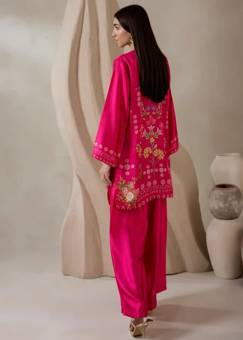 Women wearing silk coord set for women, close-up of the print and hand embellishments on the charmeuse silk, Buraqstore 
