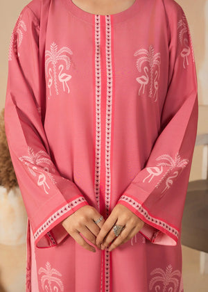 A girl dressed in pink dress design for girl, back view of the printed grip shirt and trouser, Buraqstore