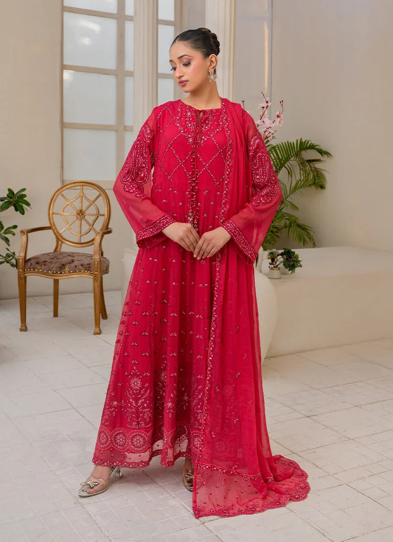 Model wearing pink colour dress, embroidered chiffon shirt, trouser and dupatta, front view from Buraqstore