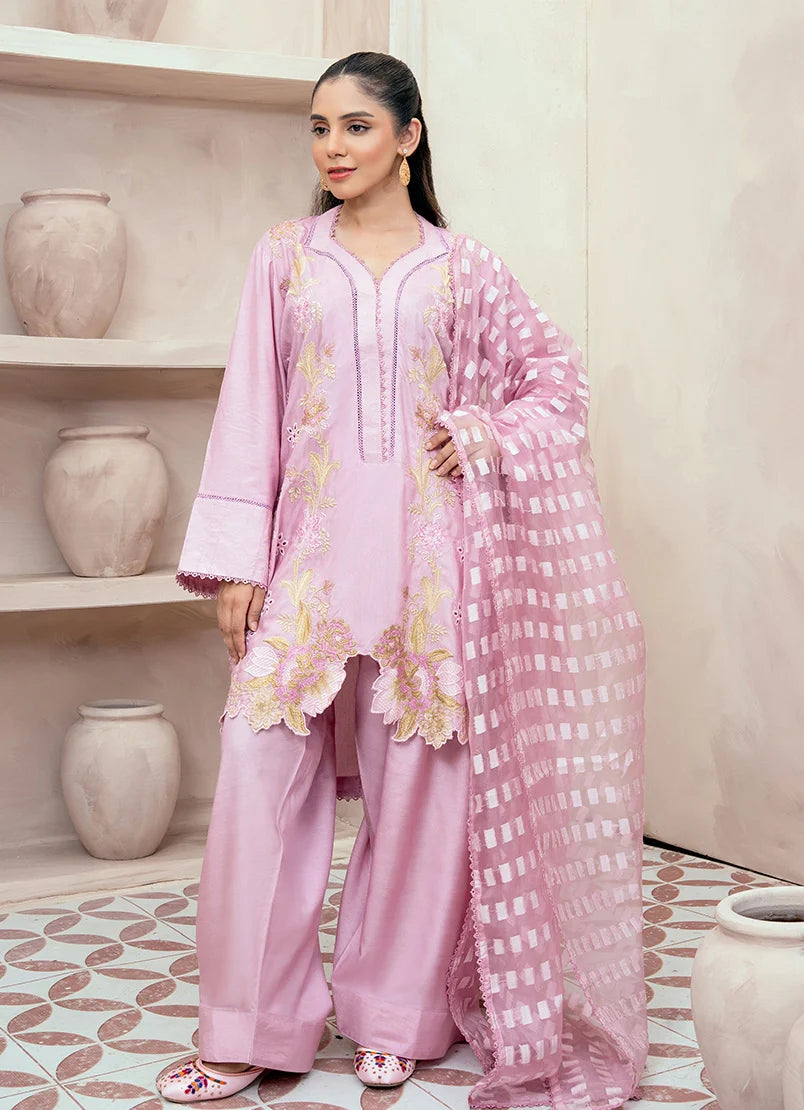 Model wearing pink dress design, embroidered raw silk shirt, trouser and dupatta, front view from Buraqstore