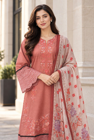 Women wearing pink karandi fabric for ladies with digital printed chiffon dupatta draped on the shoulder, Buraqstore