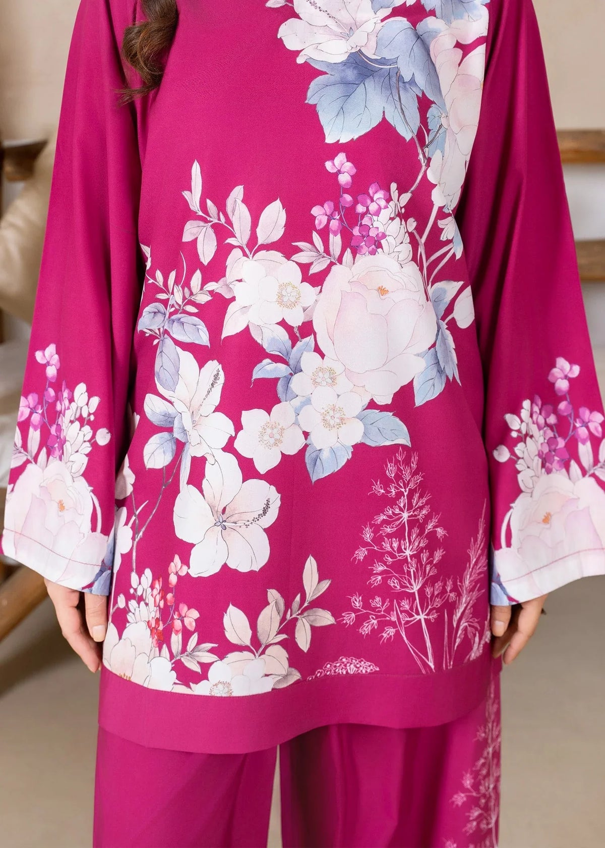 Model wearing pink co ord set for girls, close-up of the print on the poly lawn top and bottom, Buraqstore