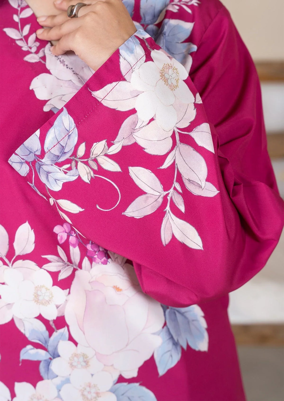 A girl dressed in pink co ord set for girls as a casual outfit, shop printed poly lawn 2-piece at Buraqstore