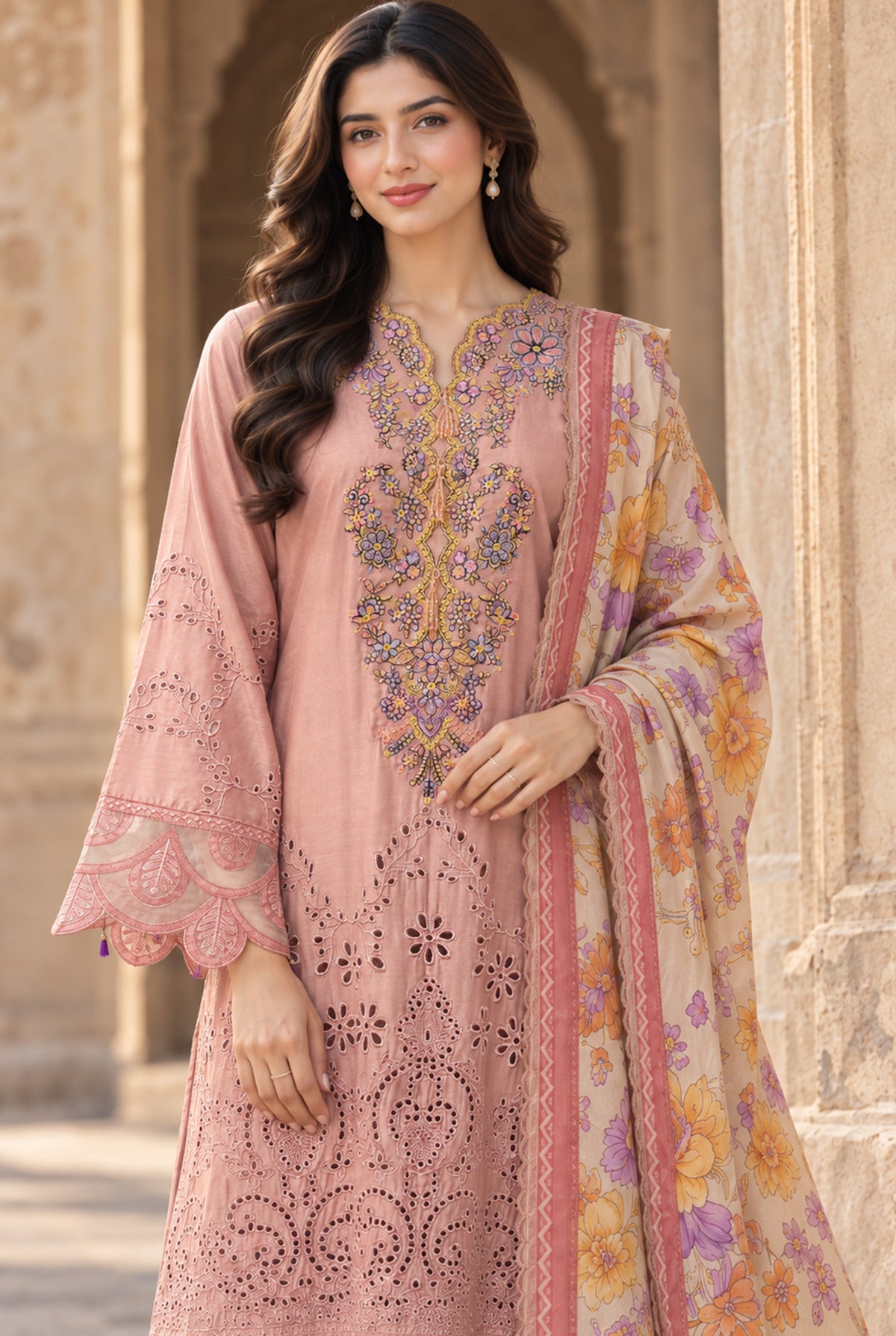 Model wearing pink pakistani chikankari suits online with plain dyed viscose trouser, side view of the stitched 3PC at Buraqstore