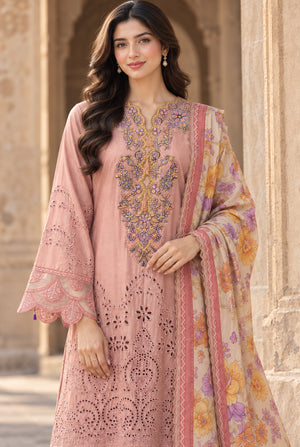 Model wearing pink pakistani chikankari suits online with plain dyed viscose trouser, side view of the stitched 3PC at Buraqstore