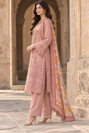 Women wearing pink pakistani chikankari suits online with digital printed chiffon dupatta draped on the shoulder, Buraqstore