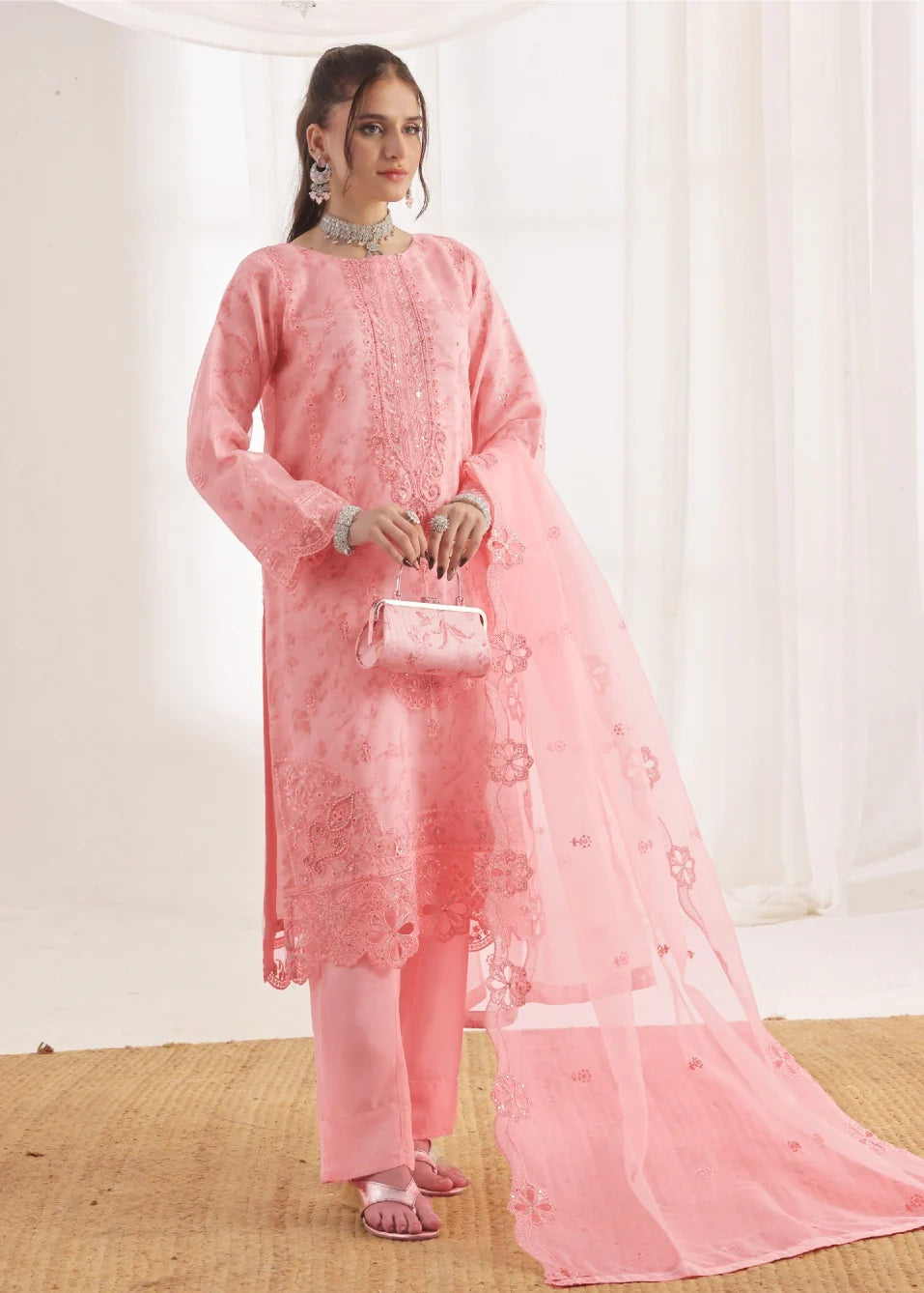 Xenia Pret Embroidered  Organza 3 PCs (Petal Pink)