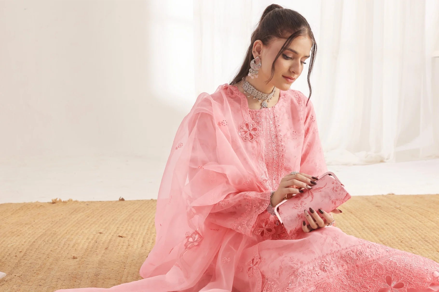 Xenia Pret Embroidered  Organza 3 PCs (Petal Pink)