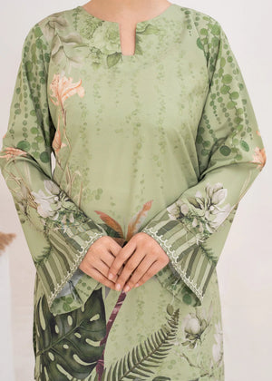 Model wearing pistachio green co ord set women, side view showing the fit of the printed grip set, Buraqstore